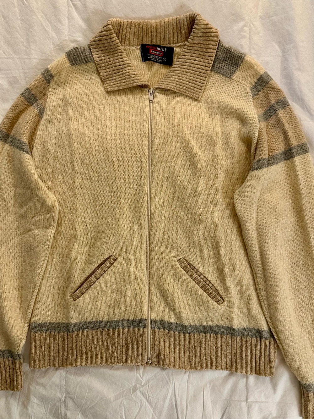 Vintage Woolmist by Drummond Men's Zip-Front Cream & Tan Sweater Jacket